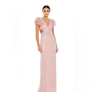 Mac Duggal Sequined Ruffled Cut Out Lace Up Gown in Rose